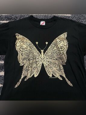 Vintage 1989 80s Black Butterfly Graphic T Shirt Gold Metallic Size L